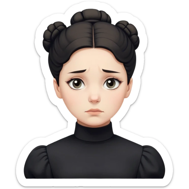 A Victorian woman with a simple coiffed white bun and light eyes wearing a simple monochrome black turtleneck mourning dress with puffed sleeves looking down with a forlorn, miserable expression sticker