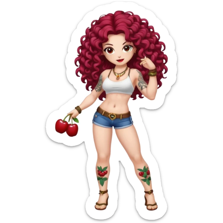 full body woman long curly brown hair brown eyes white skin tattoos muscular build cherry twin fruit hair ornaments, flirty battle pose sticker