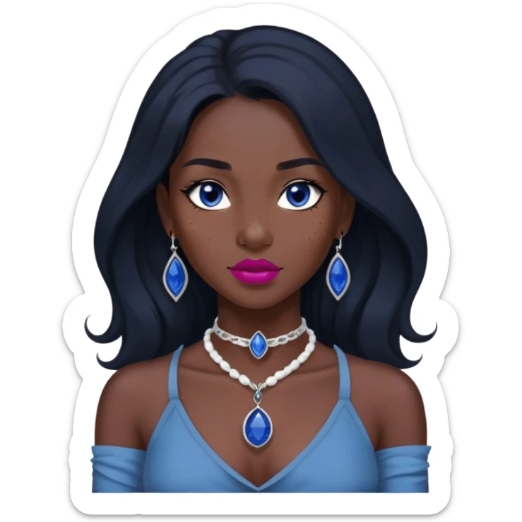 woman katara dark skin freckles dark black long hair reddish pink lipstick choker necklace with sapphire pendant sticker