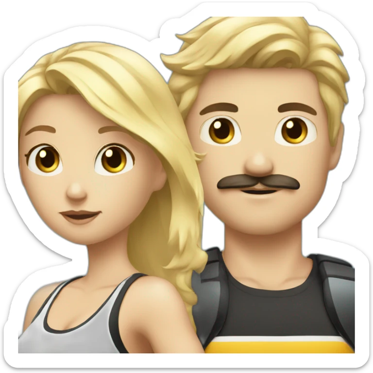 Blonde girl going to the gym with a black haired white guy with a moustache  sticker