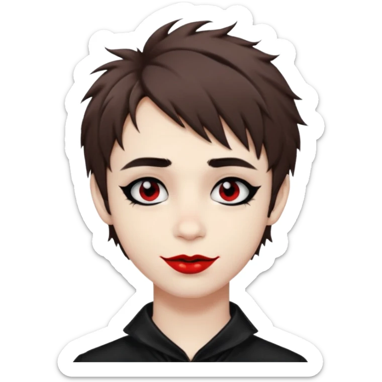 Happy pale Goth boy with shaggy brown hair, and messy black eyeliner , smudged, red, lipstick  sticker