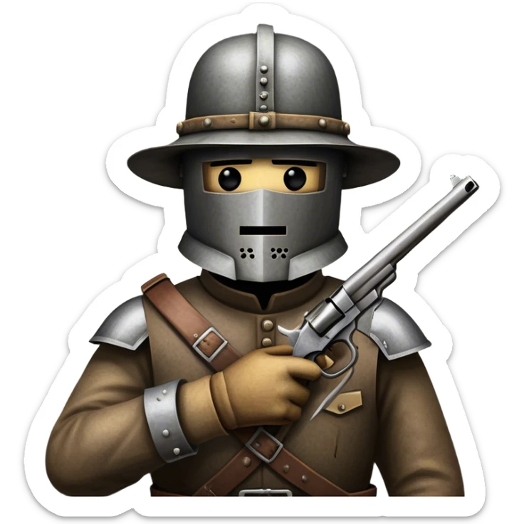 Cinematic Realistic Ned Kelly Portrait Emoji, depicted as the legendary Australian bushranger in his iconic homemade iron helmet and armor, gripping a revolver with a defiant stance. The scene is rendered with gritty textures and dramatic, shadowed lighting, evoking the lawless frontier and his rebellious, fearless legacy. sticker