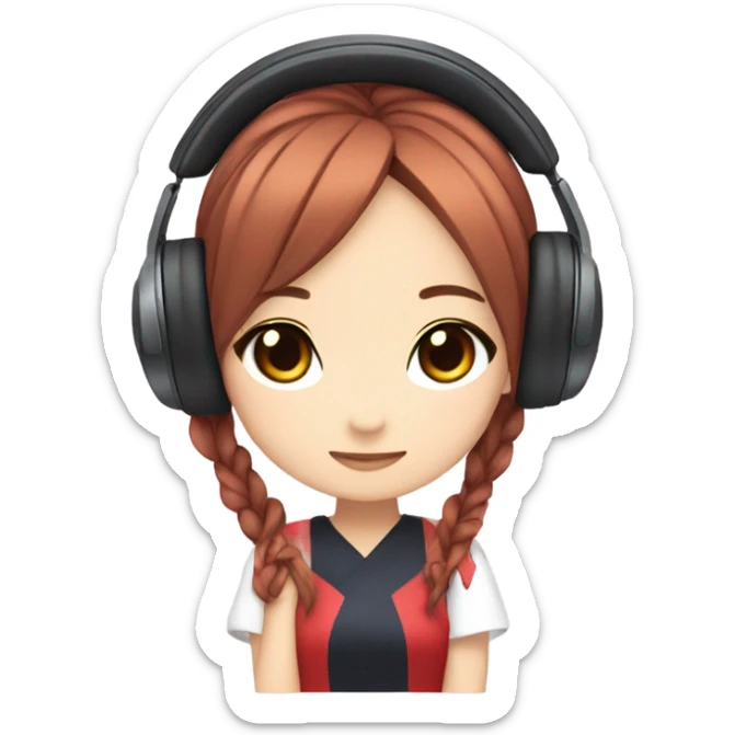 Yumi Sarah with long  Ponytail hair, with white-star red headphones and with anime dress sticker