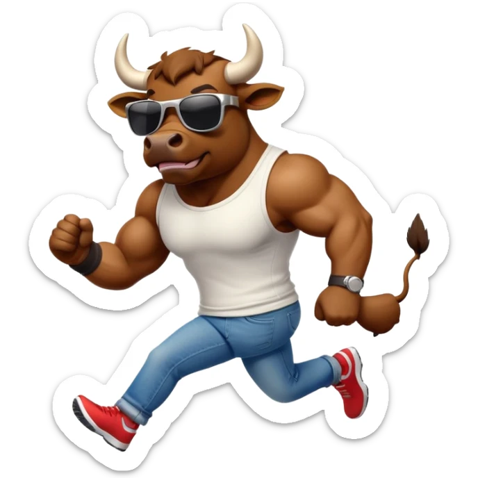 friendly anthropomorphised bull in jeans and a t-shirt, wearing dark sunglasses, jogging upright sticker
