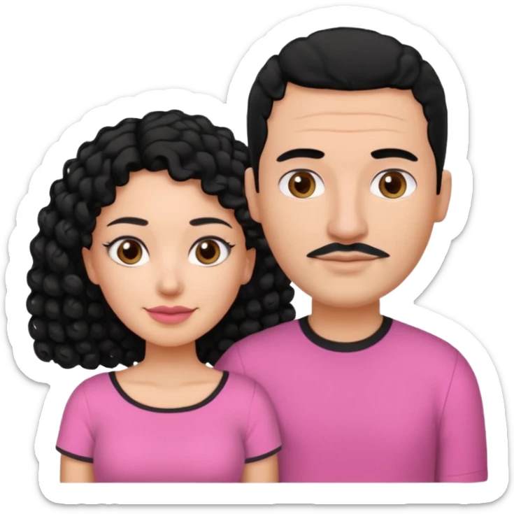 A picture if a couple. the man is a Mexican man with  black hair, a bald hair cut and black shirt on. the woman is mixed with black and white, with curly shoulder length hair and a pink shirt on sticker
