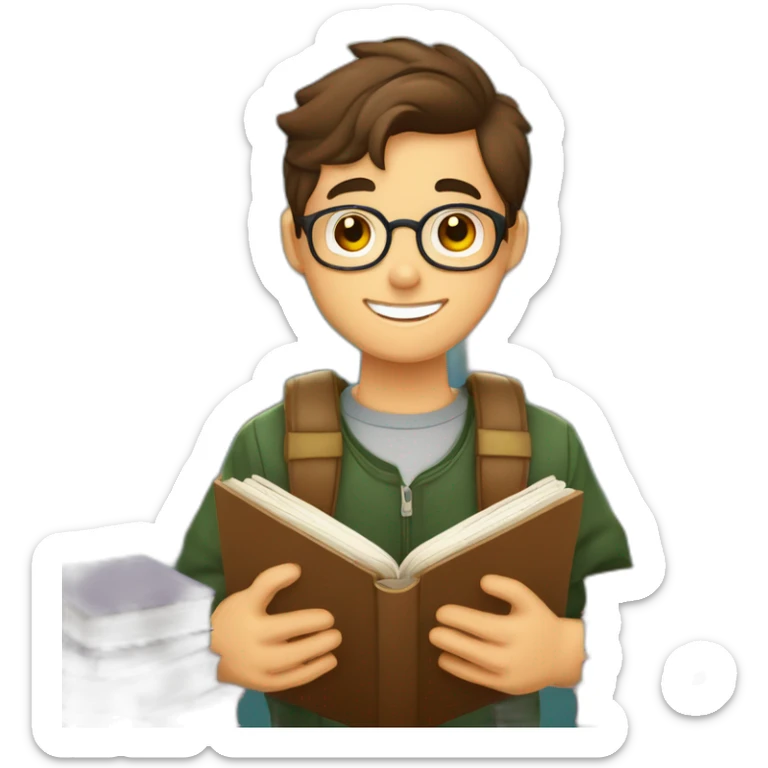 joven estudiante atiborrado de libros, sonriente y muy feliz con un libro en sus manos y en su cabeza, junto a muchos libros y una lampara sticker