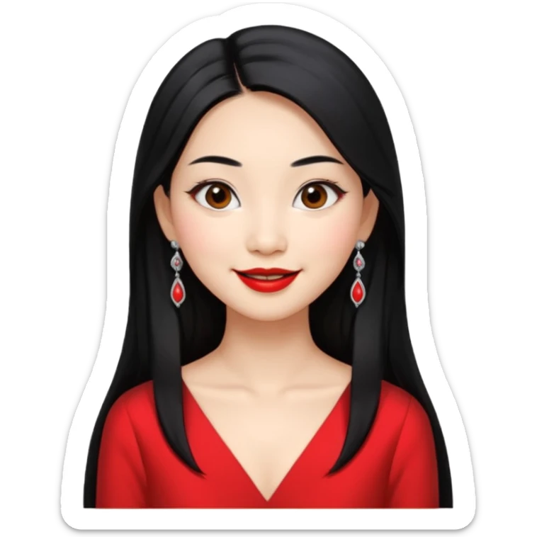 30 yr old asian woman, middle parted straight long black hair, very pretty, fancy dress, earings, red lipstick, silver earings sticker