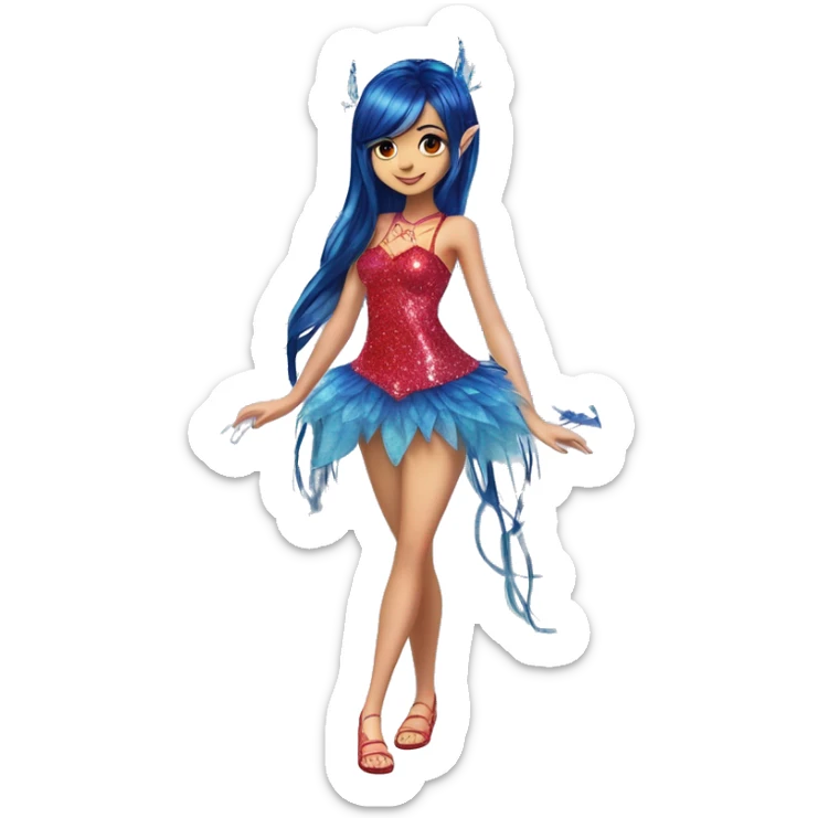 Musa asian adult fairy of music in her enchantix fairy red sparkling two-piece clothing and fairy enchantix wings and long dark blue hair in pigtails from winx club. Lots of sparkles and fairydust. Full body pic and full fairy bliss sticker