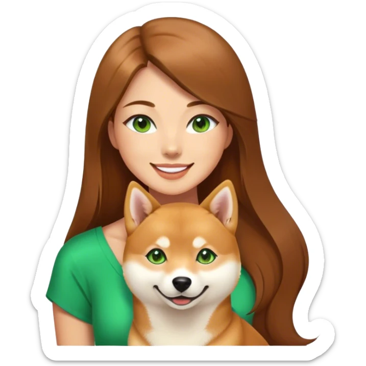 beautiful woman, straight long brown hair, green eyes smiling with dog Shiba Inu sticker