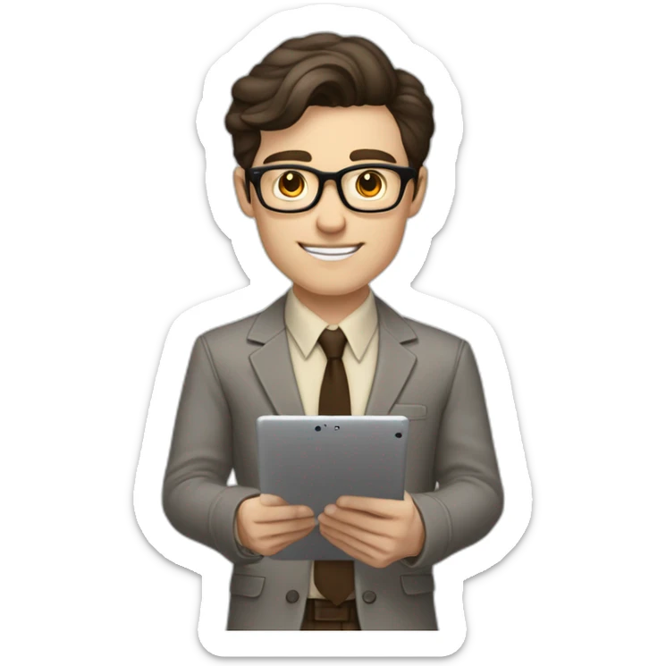 Pale skinned fit man with dark brown hair in gray jacket, beige office shirt, brown tie, brown pants and vintage glasses Writing on the tablet sticker