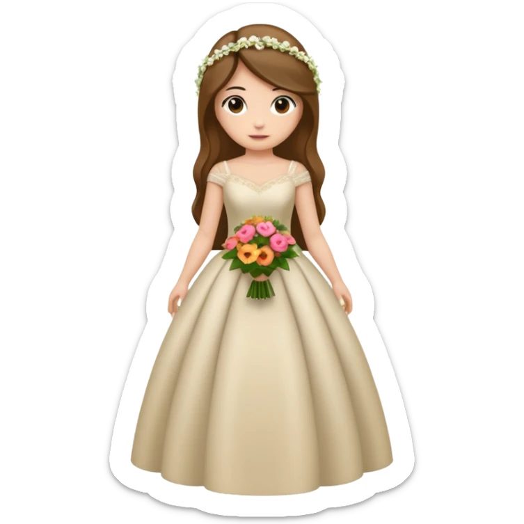 Chica blanca, cabello castaño, recogido en moño alto con mechones, vestido novia de manga larga, cuerpo entero, ramo de flores en una mano sticker