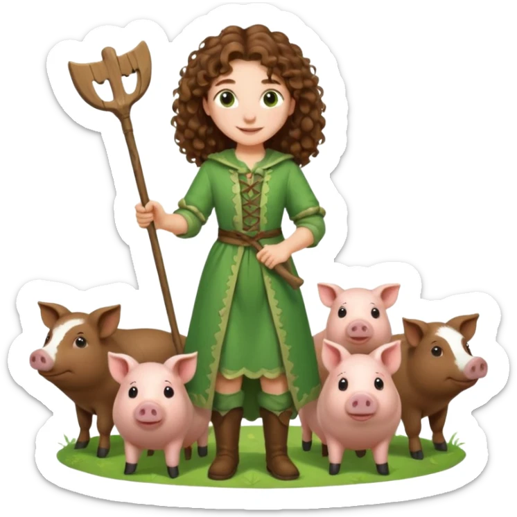happy young shepard, long curly brown hair, in green magical outfit, with wooden shepard stick in hand, taking care of pigs sticker