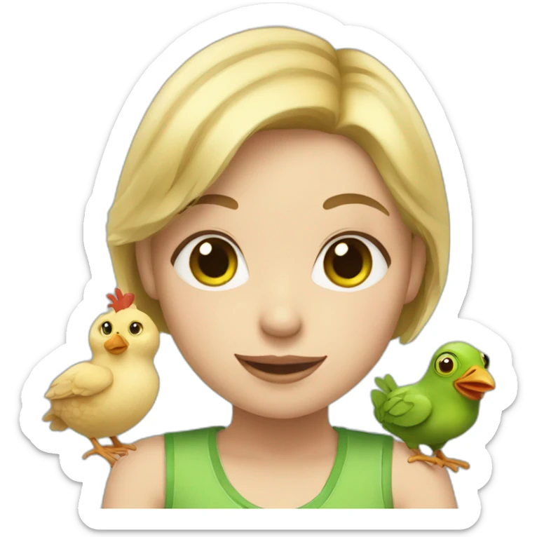 girl with short blond hair with green eyes and pet frog and two chickens sticker
