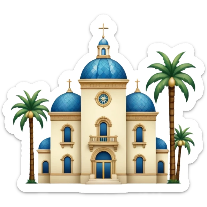 California Building with ornate blue, gold, and green tile dome and adjoining slender California Tower, Spanish Colonial Revival style, baroque details, palm trees, simple, no text, white background, version 3 sticker