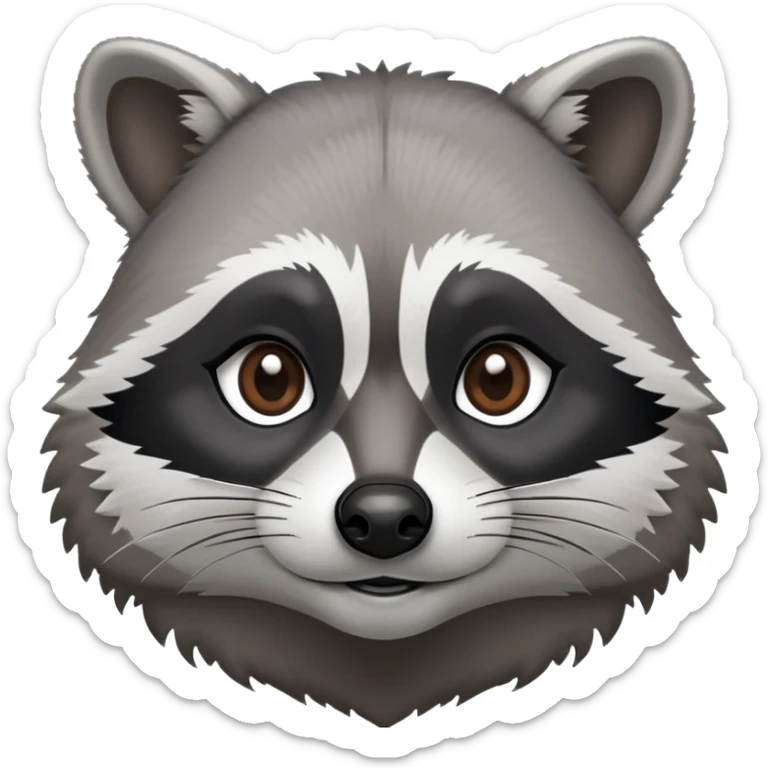 Cinematic-Noble-Raccoon-Portrait-Emoji – Poised and confident, with a sturdy build and a beautifully textured fur of silver-grey accented by dark black facial markings, deep-set, intelligent brown eyes, simplified yet sharp and sophisticated. sticker