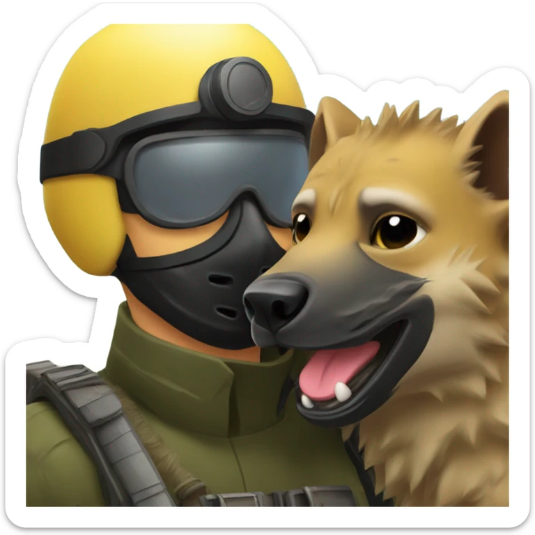 Yellow army Pilot with black mask googles, and then a big hyena kissing him sticker