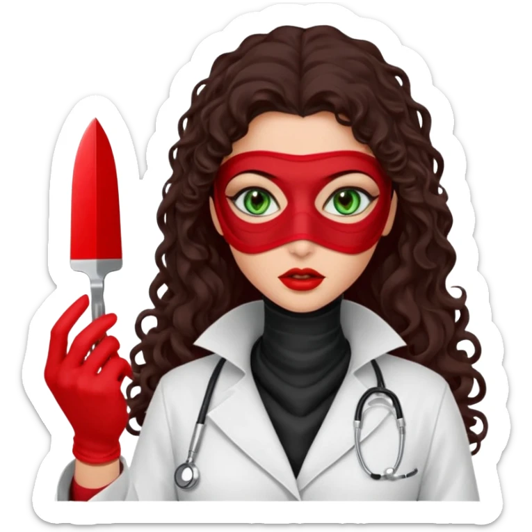Lilith scalpel sexy evil woman. She has green eyes.  has dark brown long curly hair.  evil surgeon kills holding scalpel.  wears sexy doctor coat with red gloves. Covers only nose neck  and mouth with Muslim red berka  sticker