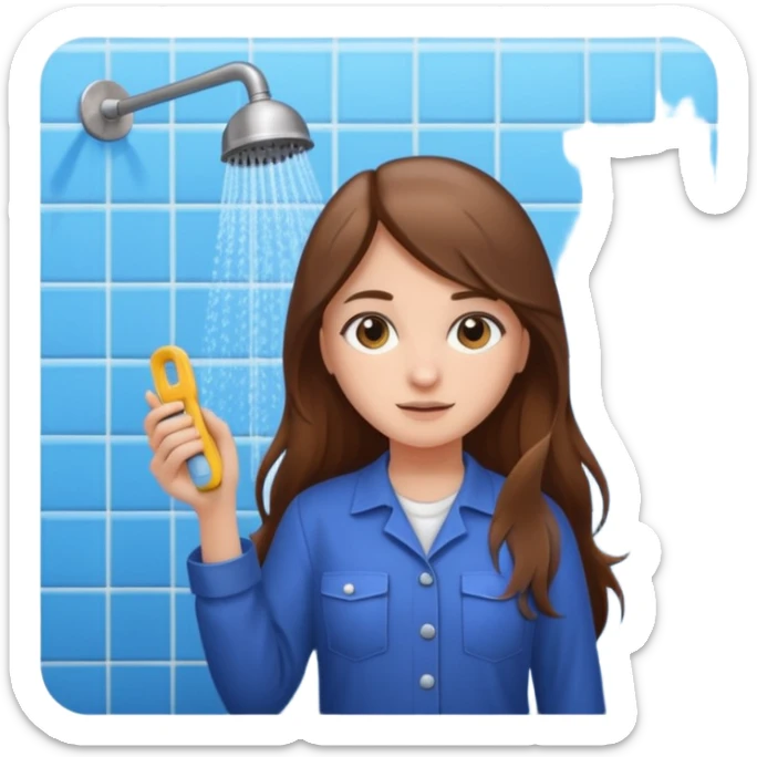 beautiful girl with long brown hair constructing new bathroom area with new shower and amenities  sticker