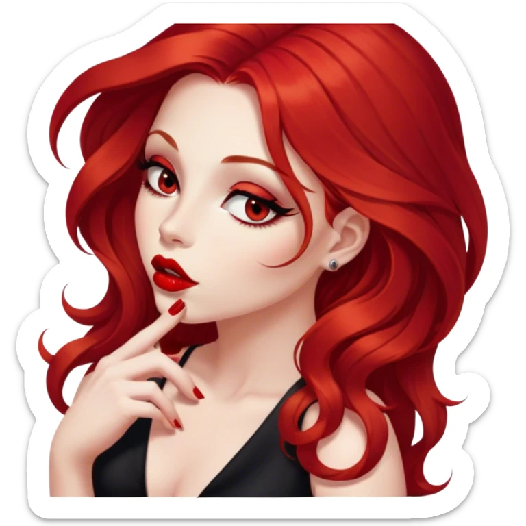 a pretty woman with long red hair and red eyes. The woman wear a black little cutted dress. She have red lipstick and she have a seductive look. She send a kiss sticker
