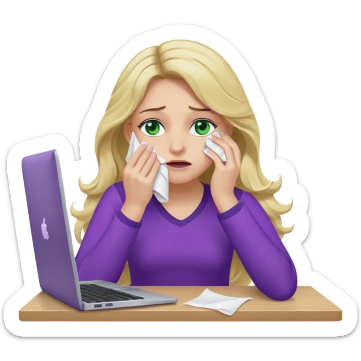 lady with long wavy blonde hair, purple top, green eyes, at desk with hand holding tissue to her eye and crying, with a purple mac laptop  sticker