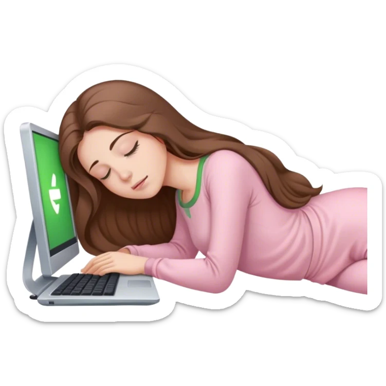 pretty woman with very long brown hair and green eyes and light pink outfit sleeping working on a computer sticker