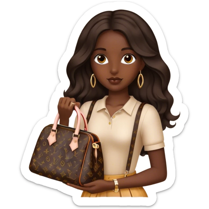  Dark Brown girl with long dark brown medium wavy hair carrying a Louis Vuitton bag on her arm sticker