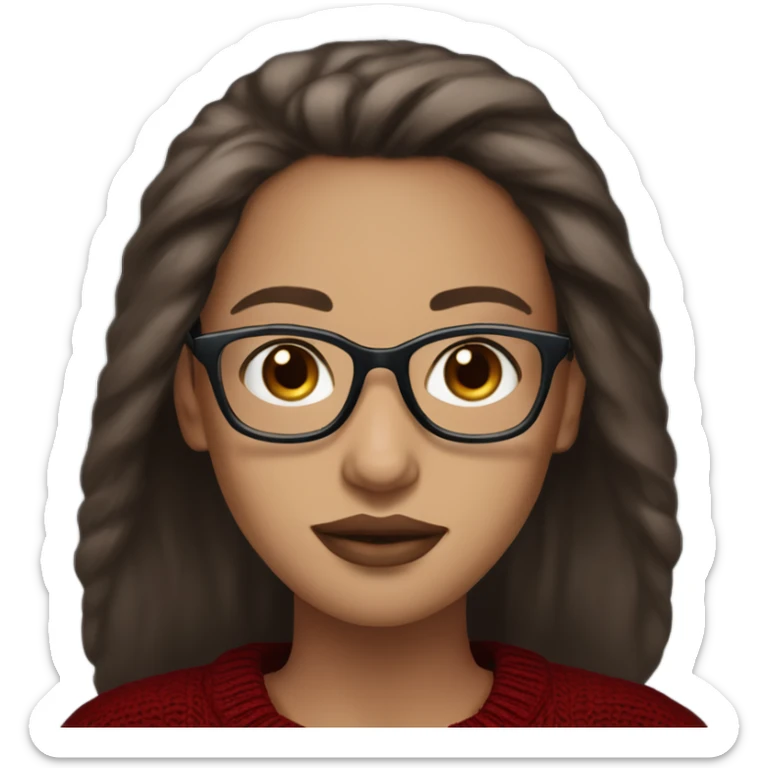light skin, dark brown hair, blue eyes, long straight hair, girl wearing aesthetic dark red sweater, glasses, light colored lips sticker