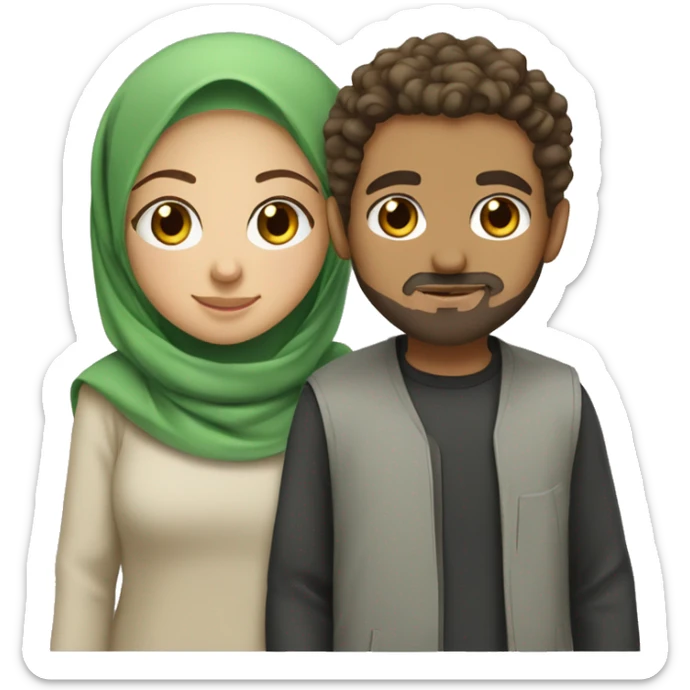 Muslim couple girl with green eyes and hijab and a guy with brown eyes and curly hair and a goatee with a beard  sticker