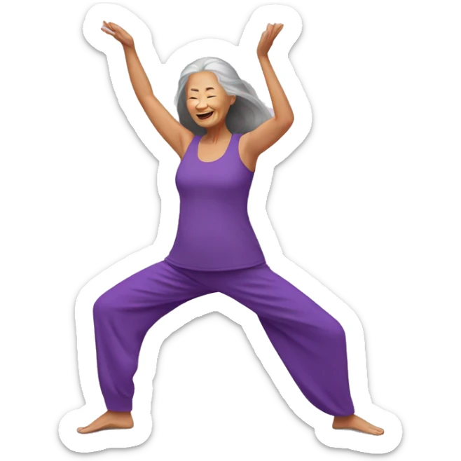 Long hair Asian senior woman in purple yoga cloth dancing Zumba sticker