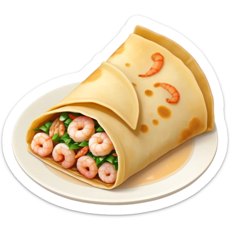 Bánh Xèo Cinematic Realistic Bánh Xèo Dish Emoji, depicted as a crispy, folded semi circle crepe filled with tiny shrimp and pork, rendered with dynamic textures and vibrant, appetizing lighting. sticker