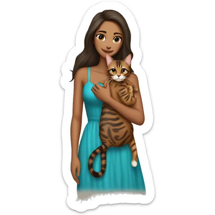 Beautiful skinny woman long dark brown hair in dress hug bengal cat sticker