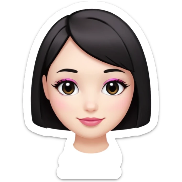 Round face, almond-shaped black eyes, rosy cheeks, jet-black straight bob haircut, small pink lips grinning softly.  sticker