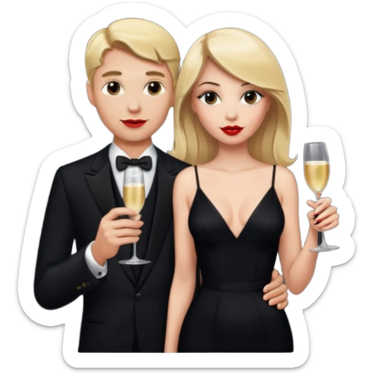Blonde Woman, Long black slipdress, man black Cut,fly, Champagner glas sticker