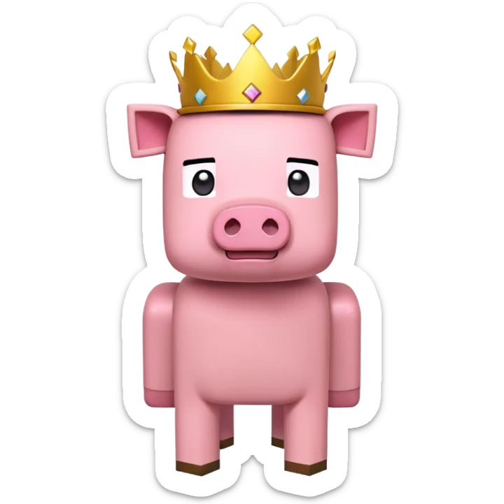 minecraft pig full body pink blocky animal square head square body wearing a crown sticker