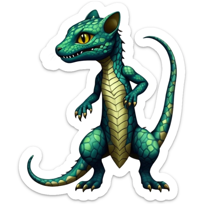 a dark gothic edgy reptilian feline-vernid-fionbri-creature with splash patterns full body sticker