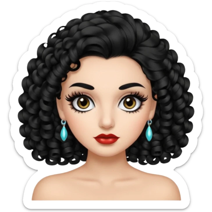generate the emoji of a girl with fair skin, black hair, bombshell curls, black eyes, long false eyelashes, black eyebrows, latina makeup sticker