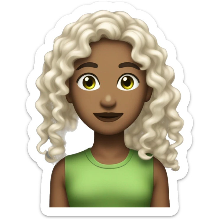 long curly hair,eyes with a hint of green, eyes positive  canthal tilt ,medium thick shaped eyebrows , and medium thin lips, round face shape, soft jawline, full body, teen, sensual, american sticker
