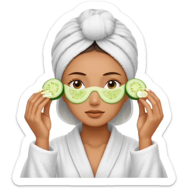 woman at the spa with cucumbers slices covering her eyes and tan skin tone with towel completely covering hair and robe on sticker
