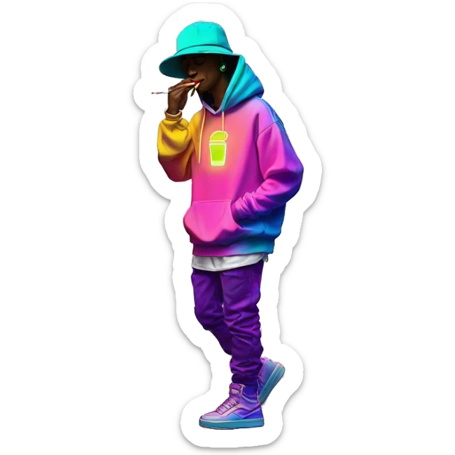 Multicoloured neon person smoking wearing hoodie dancing hip hop bucket hat tropical Skater fashion aesthetic baggy clothes graphic t shirt 420 sticker