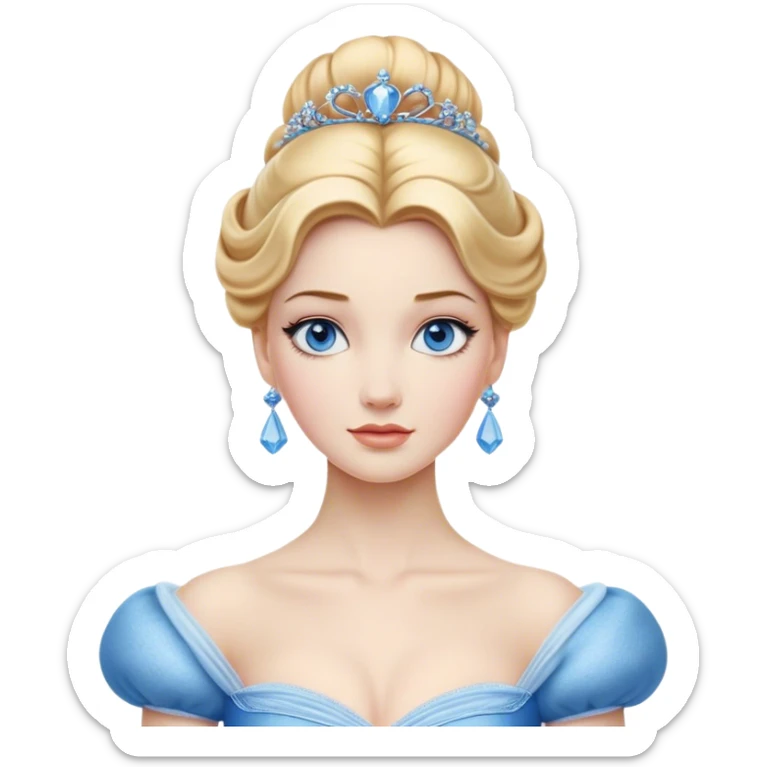 Cinematic Realistic Noble Cinderella Portrait, depicted with porcelain skin rendered in lifelike detail and soft, natural lighting that highlights every delicate nuance. Her intricately styled golden-blonde hair is arranged in an elegant updo, and her deep, expressive blue eyes radiate quiet determination. She wears her classic ball gown with rich fabric textures and delicate folds catching the light beautifully, all set against a subtly glowing, natural background that captures the essence of timeless royal grace. sticker