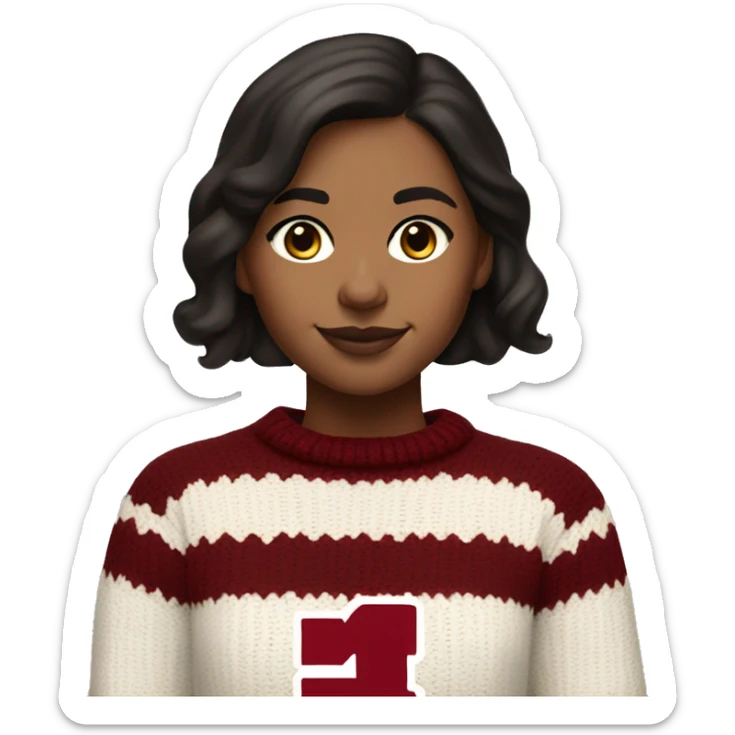 Girl with dark brown hair and warm toned white skin wearing a crimson and white sweater with the black crimson and white Harvard University logo on it  sticker