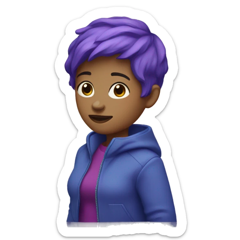 a girl with a purple short hair and purple jacket and blue hort jens sticker