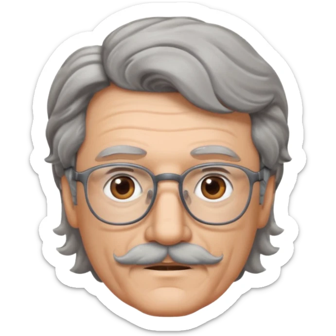 Generate a portrait of a slightly older man with glasses. His hair is quite thin, gray, but wavy. He has brown eyes and a mustache. sticker