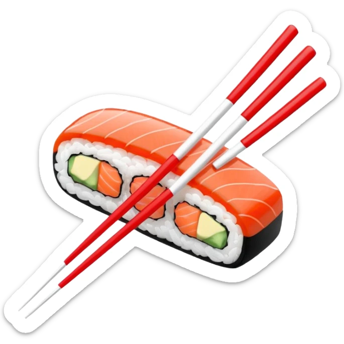 Japanese cuisine humanless avatar in minimalist emoji-style illustration. Sushi, roll and 2 chopsticks, clean lines, red white colors, flat design, calm and modern. sticker