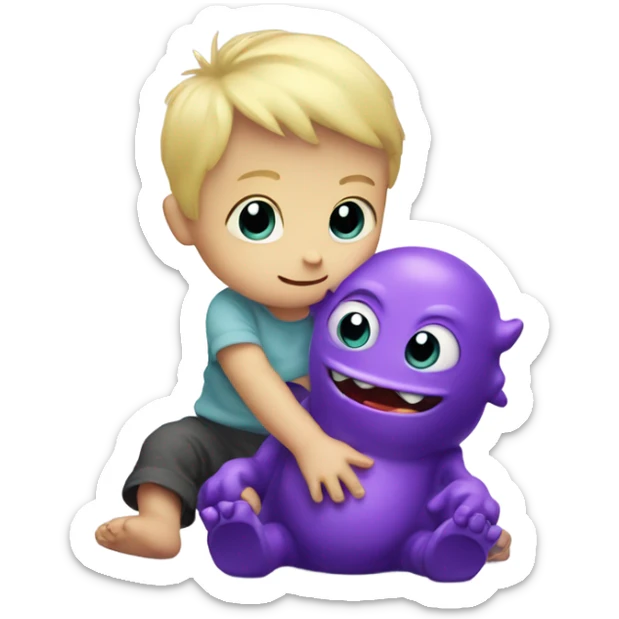 Little blonde baby boy playing with a purple monster friend sticker