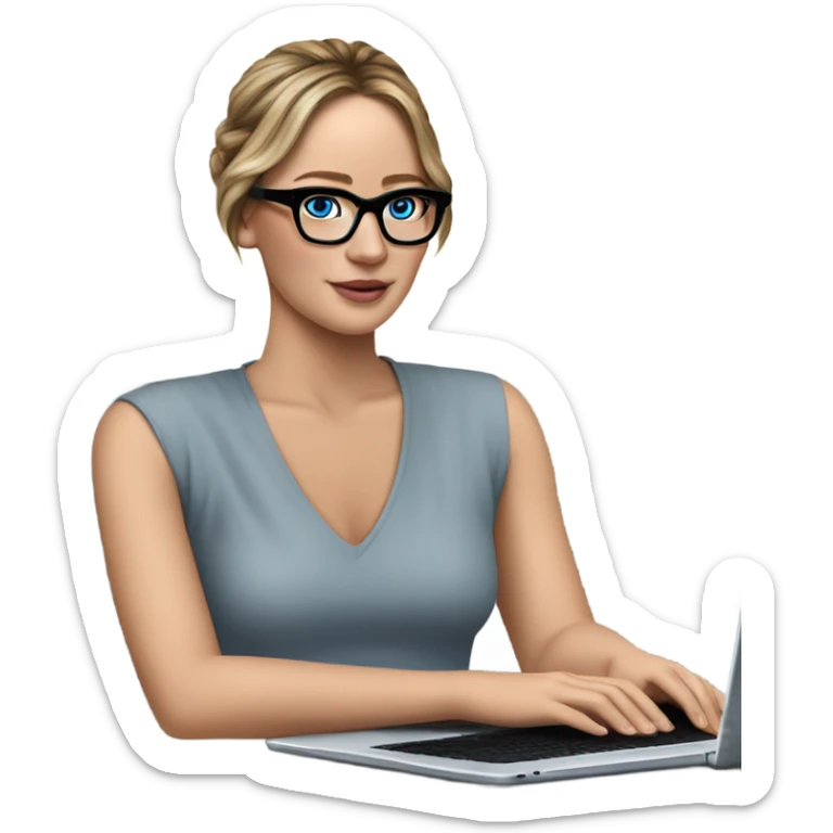 Realistic Photo of Brunette Jennifer Lawrence wearing black glasses and blue eyes talking on their laptop  sticker