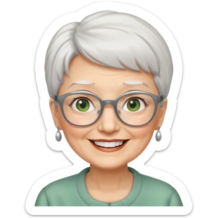 Create me emoji of an old lady. Short white hair to left side. Square glasses. Gray-green eyes. Big smile. sticker