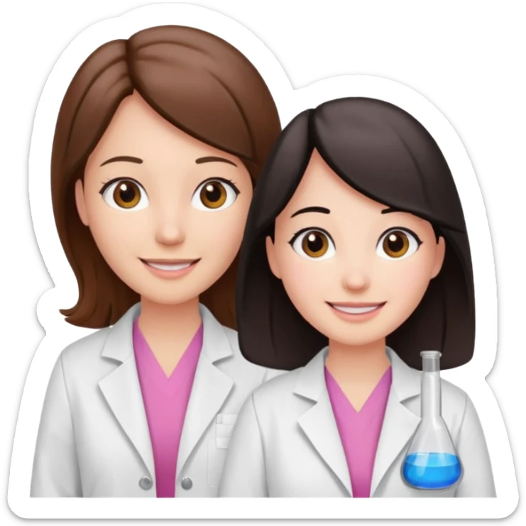 cientificas con blusa rosa y bata blanca felices, una chica con pelo marrón y otra chica con pelo negro sticker