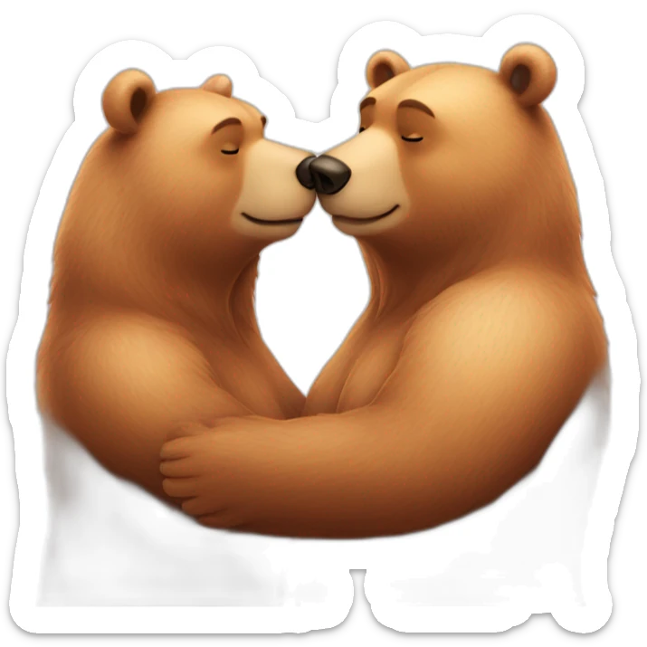 Female bear and male bear kissing, face only, with hearts above them sticker
