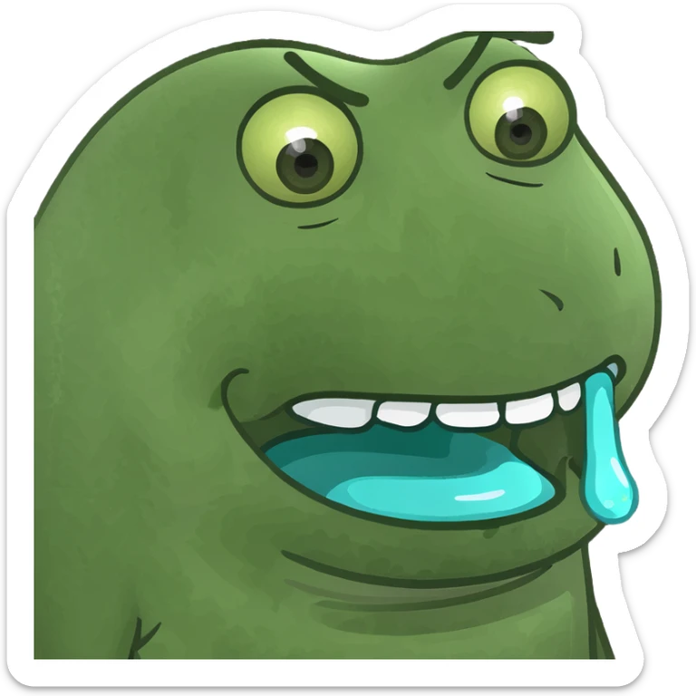 playful green semi-transparent emoji with melting goopy texture, wide mouth, expressive eyes, channeling chaotic energy of AI slop and Slimer sticker